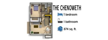 A floor plan of a one bedroom, one bathroom apartment that is 874 square feet.