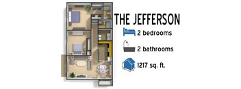 A diagram of apartment layout called The Jefferson which has 2 bedrooms, 2 bathrooms and is 1217 sq. ft.