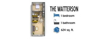 A graphic of a one bedroom apartment with a bathroom and a living room.