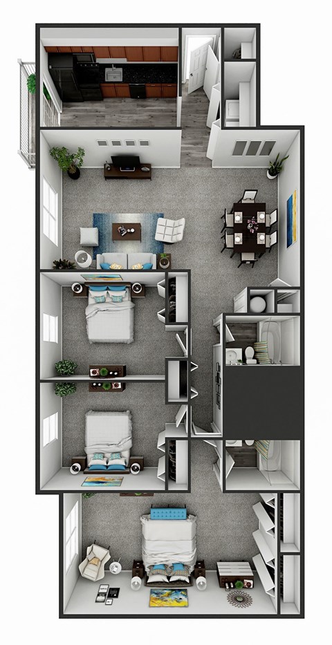 a floor plan of a house with furniture and a balcony