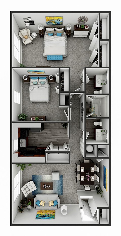 a stylized floor plan with bedrooms and a living room