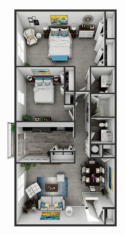 a 3d rendering of the floor plan of a 3 bedroom apartment