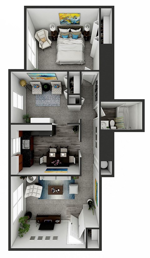 a stylized floor plan with a bedroom and a living room