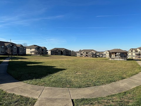 a large lawn in front of a row of houses