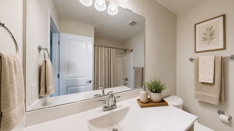 A bathroom with a white sink and a mirror.