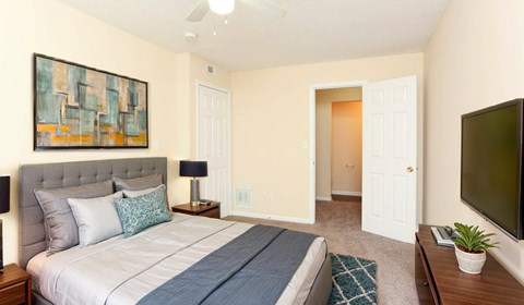 A bedroom with a bed, a painting, a lamp, a rug, a plant, and a television.