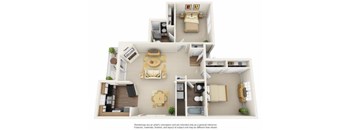 A 3D floor plan of a house with a kitchen, living room, and bedrooms.