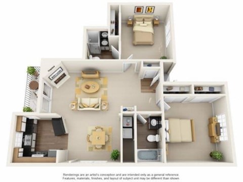 A 3D floor plan of a house with a kitchen, living room, and bedrooms.