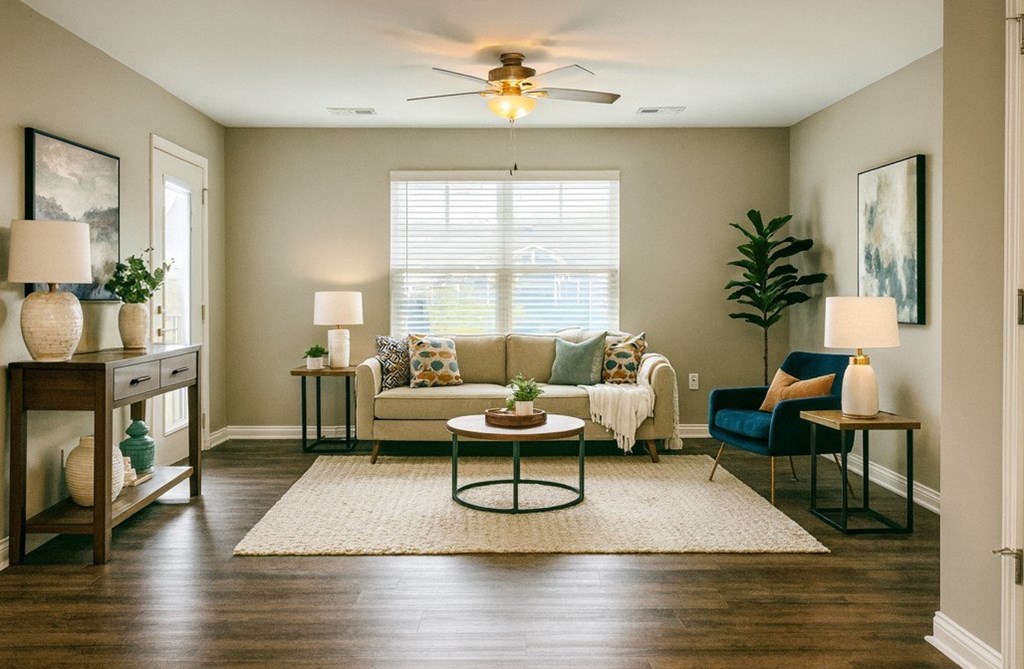 A living room with a couch, chair, and table.
