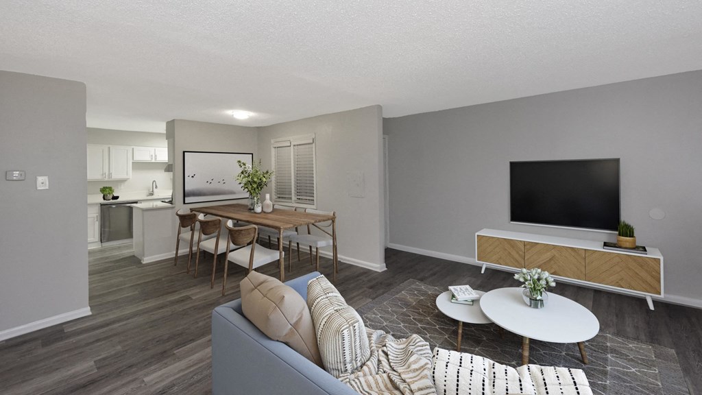 a living room with a couch and a table and a television
