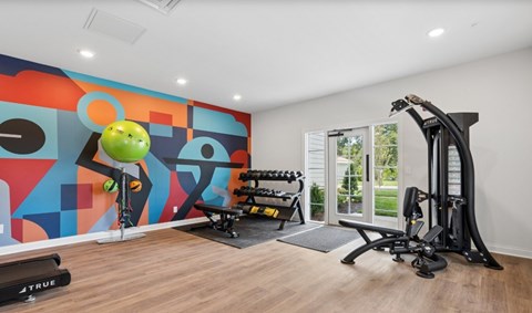 A gym with a variety of equipment including a treadmill, weights, and a bench.