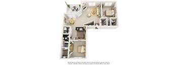 A 3D rendered image of a house layout.