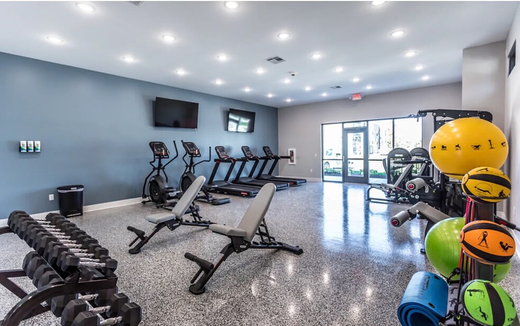 A gym with a variety of equipment including dumbbells, weight plates, and exercise balls.