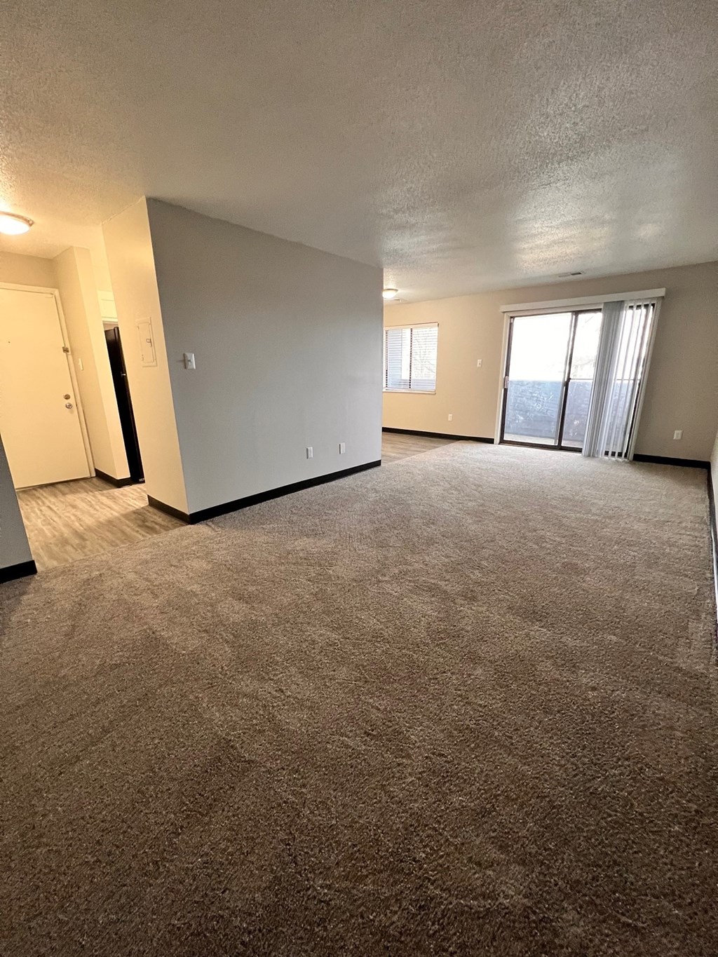 the living room of an apartment with a carpeted living room and a window