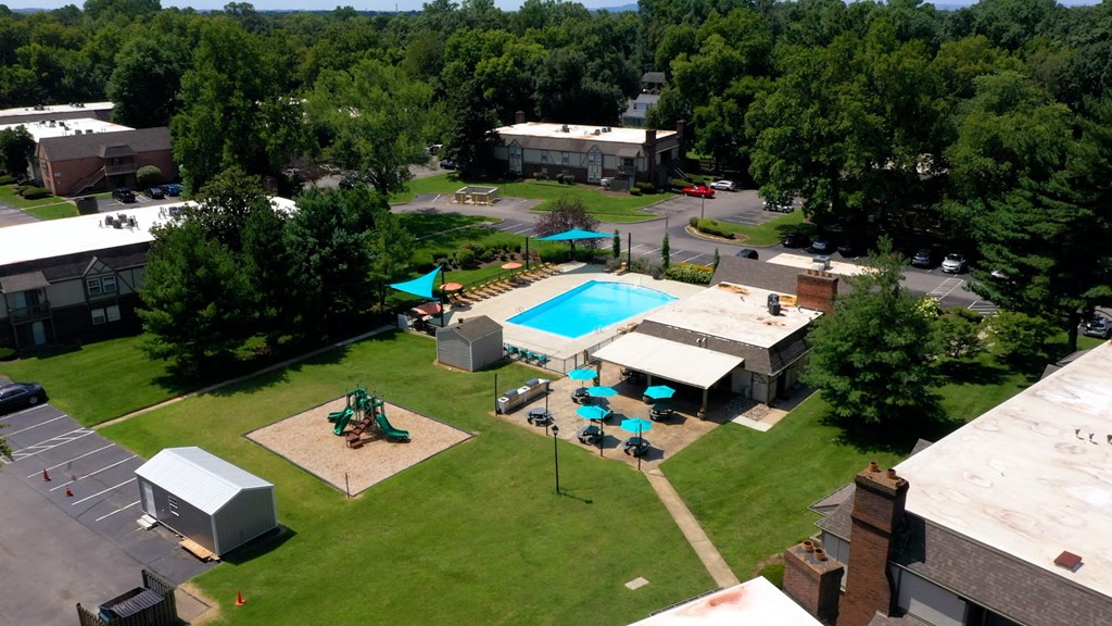 arial view of a swimming pool in the middle of a yard