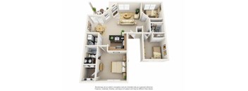 A 3D floor plan of a house with a kitchen, living room, and two bedrooms.
