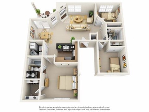 A 3D floor plan of a house with a kitchen, living room, and two bedrooms.