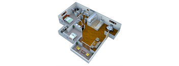 A 3D rendered image of a modern apartment layout.