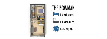 a room with a bed and a bathroom and the words the 1 bedroom