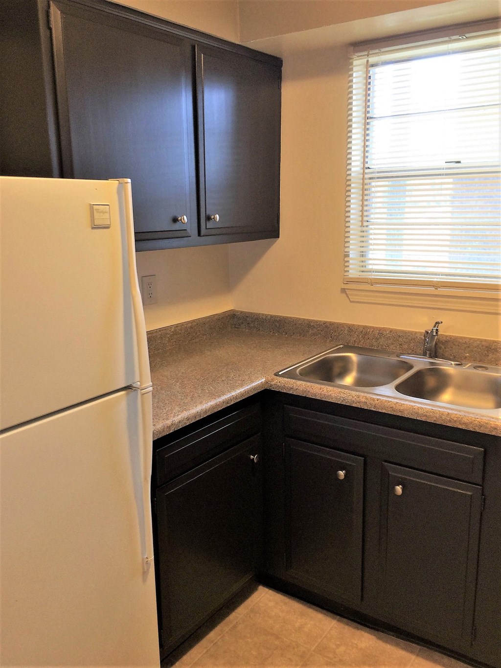 a kitchen with black cabinets and a sink and a refrigerator
