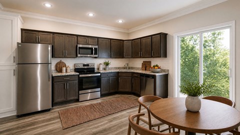 A modern kitchen with dark brown cabinets and stainless steel appliances.