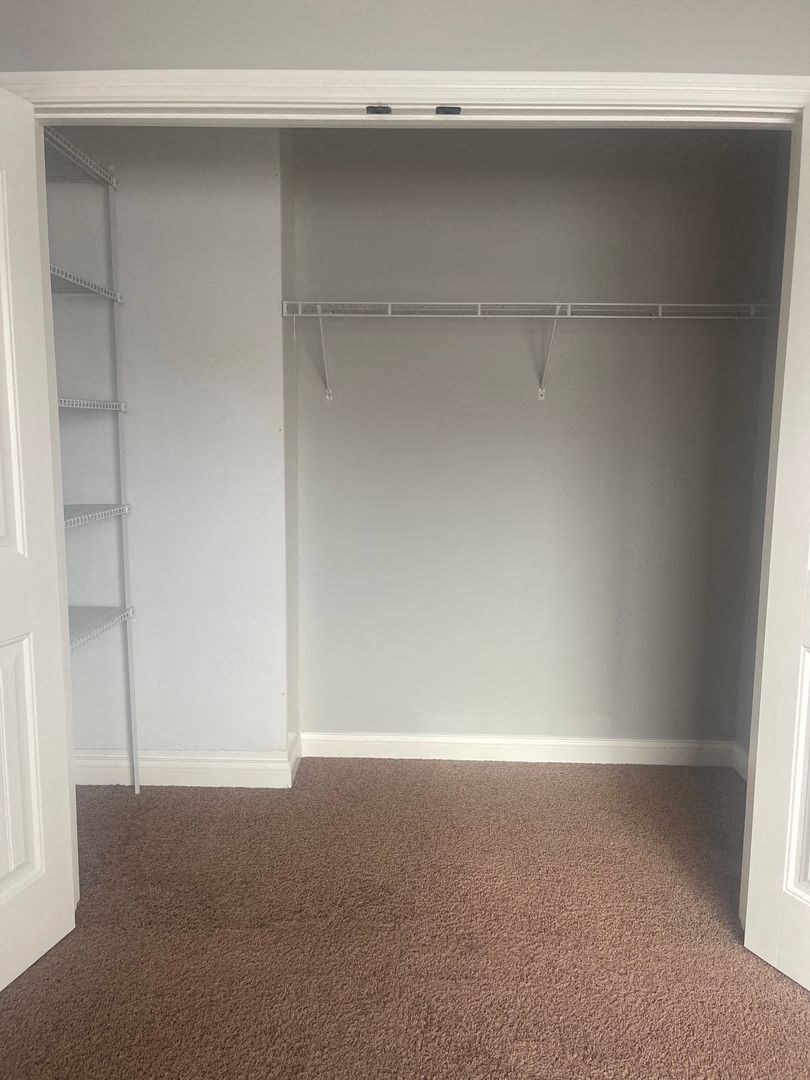 an empty closet with shelves and a carpet