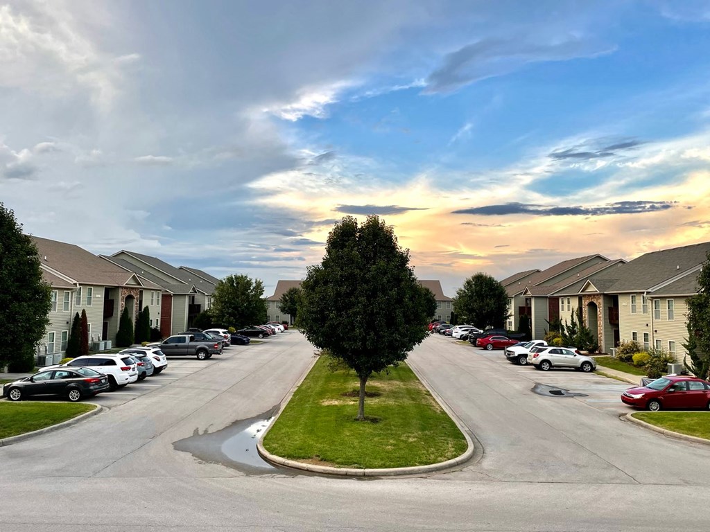 a street of houses with a tree in the middle