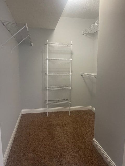 a walk in closet with an empty shelf in it