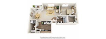 A 3D rendered image of a modern apartment layout.