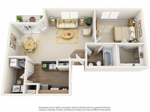 A 3D rendered image of a modern apartment layout.