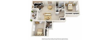A 3D floor plan of a house showing a kitchen, living room, dining room, and bedrooms.
