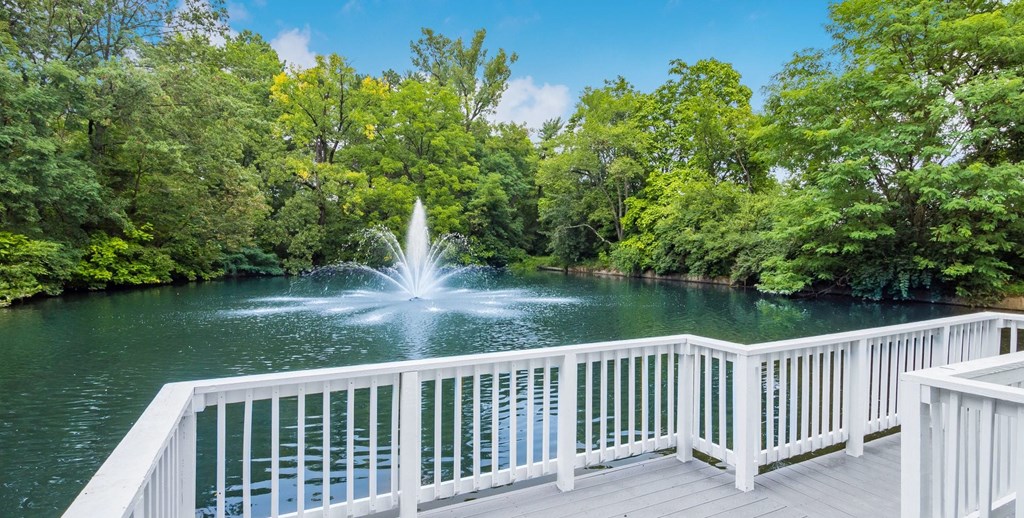 A fountain in the middle of a lake surrounded by trees.