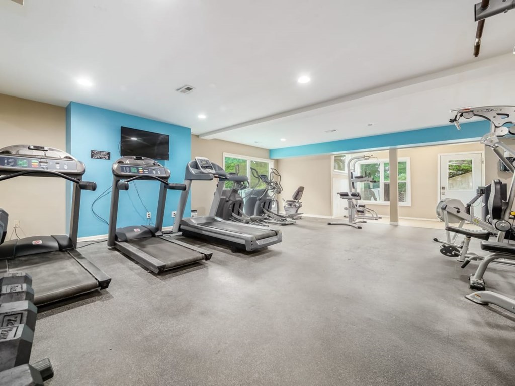 A spacious gym with treadmills, elliptical machines, and a television.