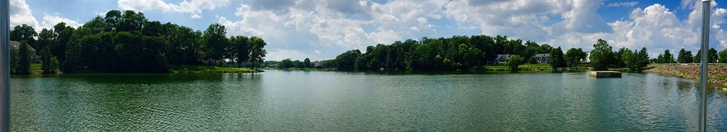 A serene lake surrounded by lush green trees under a clear blue sky.