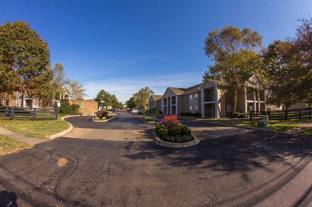a view of a street with houses and trees