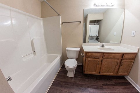 a bathroom with a toilet and a sink and a bath tub