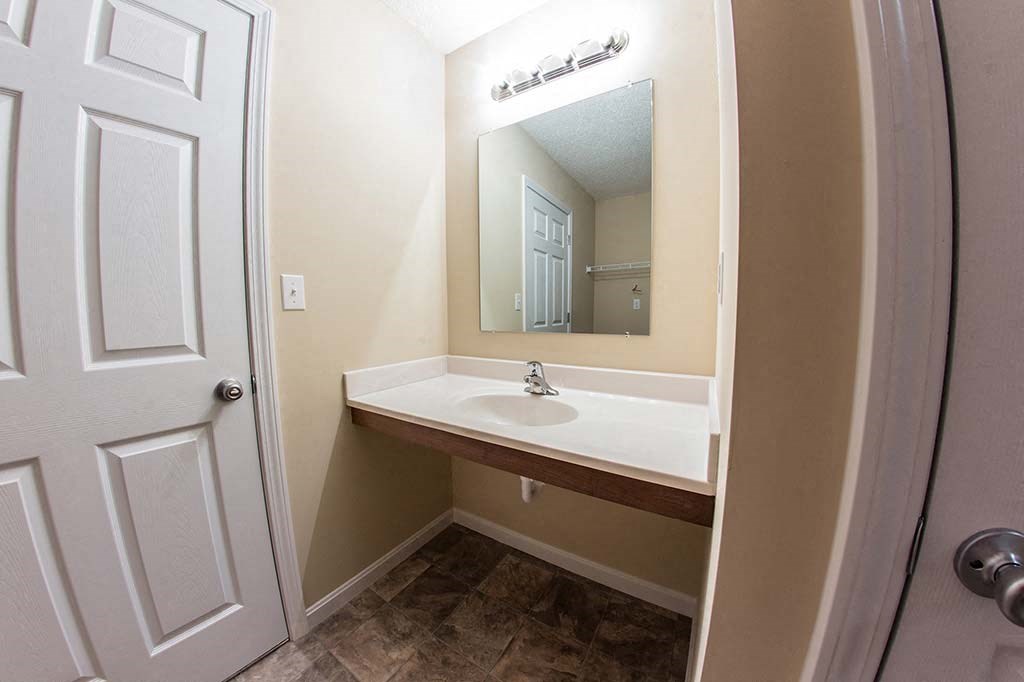 a bathroom with a sink and a mirror
