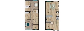 A floor plan of a house with two bedrooms and two bathrooms.