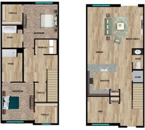 A floor plan of a house with two bedrooms and two bathrooms.