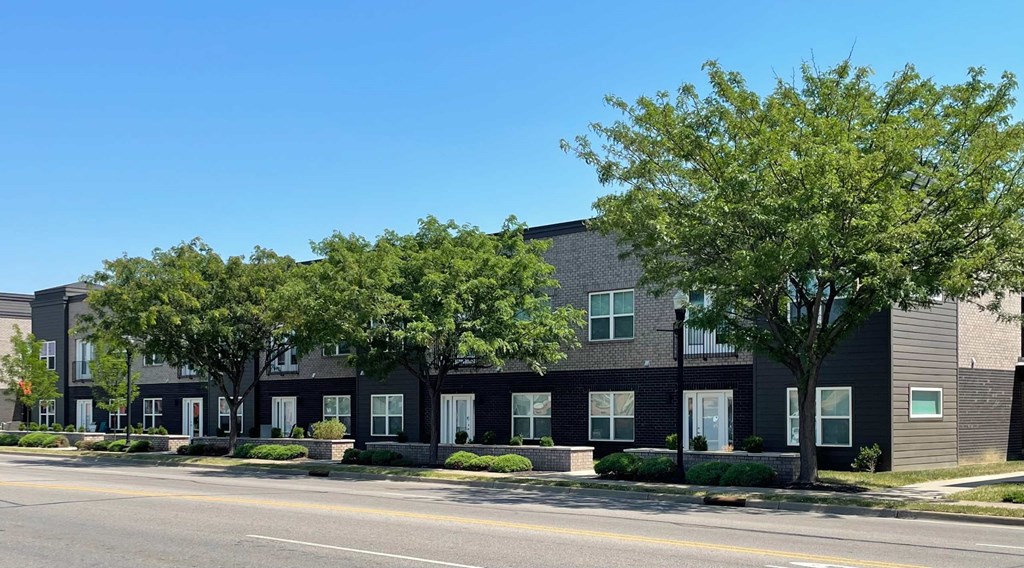 A row of houses with trees in front.