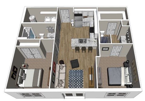 A floor plan of a house with a kitchen, living room, and bedrooms.