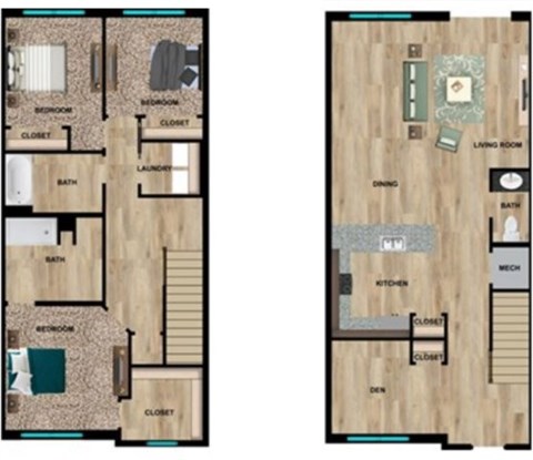 A floor plan of a two-bedroom apartment with a living room, kitchen, and bathroom.