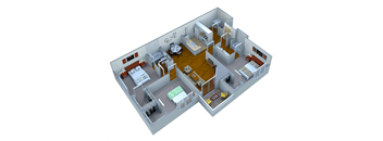 A 3D rendered image of a house layout.