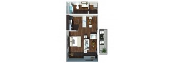 A top-down view of a small apartment with a kitchen, living room, and bathroom.