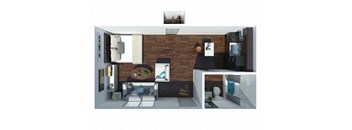 A modern living room with a brick wall and a white sofa.