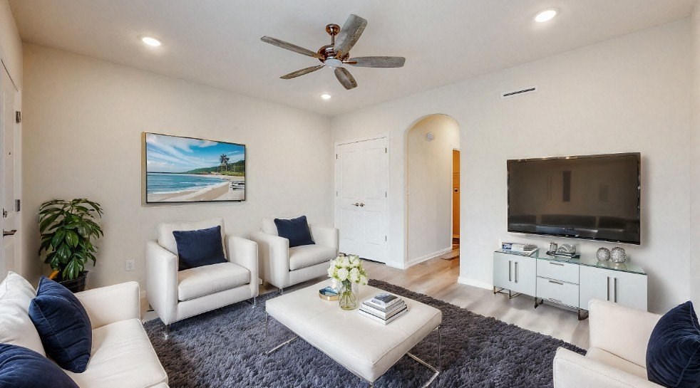 A living room with a ceiling fan, a painting, a sofa, a chair, a coffee table, a television, and a plant.