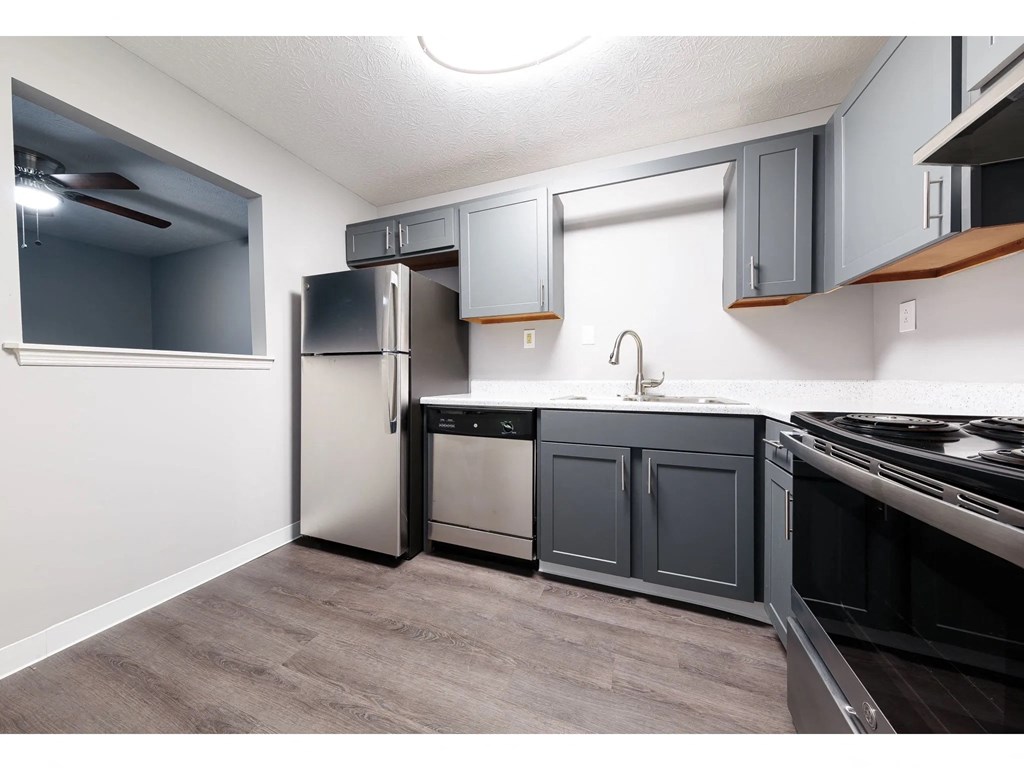 a kitchen with a stove and a refrigerator