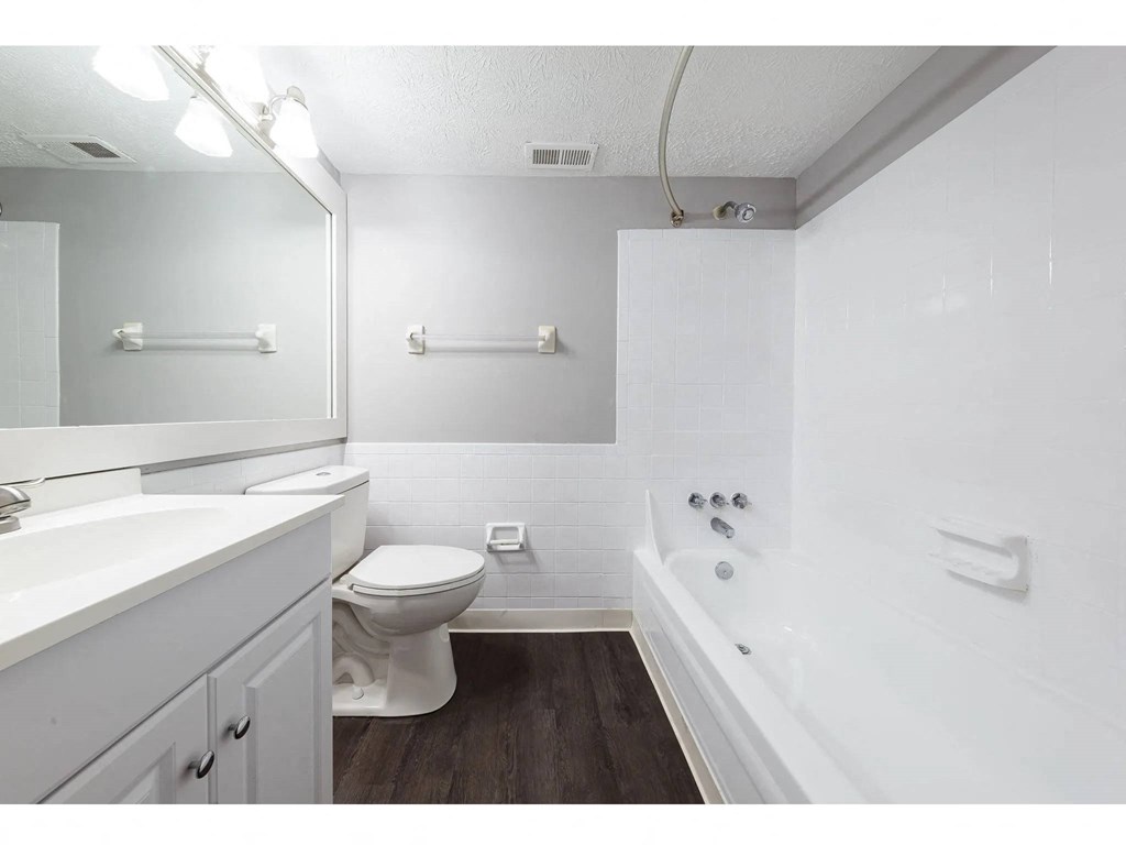 a bathroom with a toilet and a tub and a sink