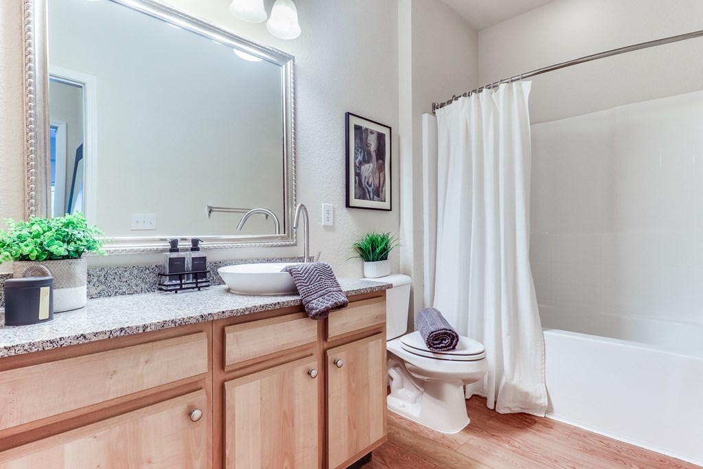 A bathroom with a sink, toilet, and a mirror, Plantation Crossing, Lafayette, LA, 70508