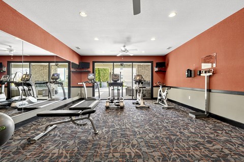 A gym with treadmills, elliptical machines, and other exercise equipment.